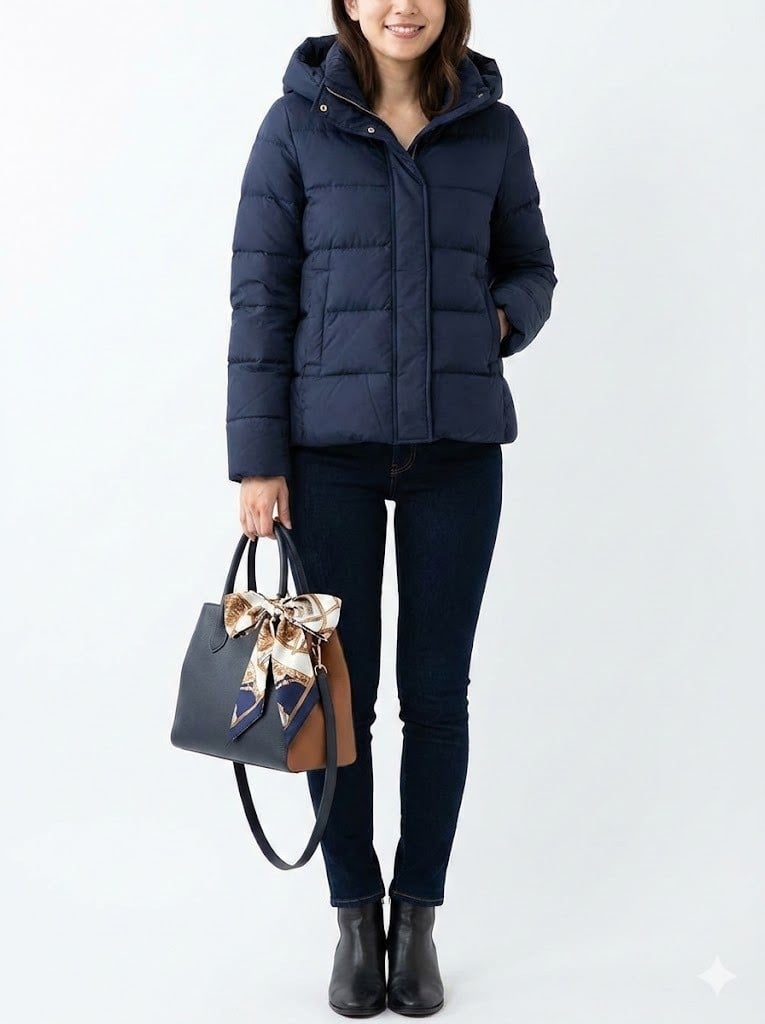 Áo phao nữ + Quần Skinny + Khăn Twilly buộc nơ bên hông túi