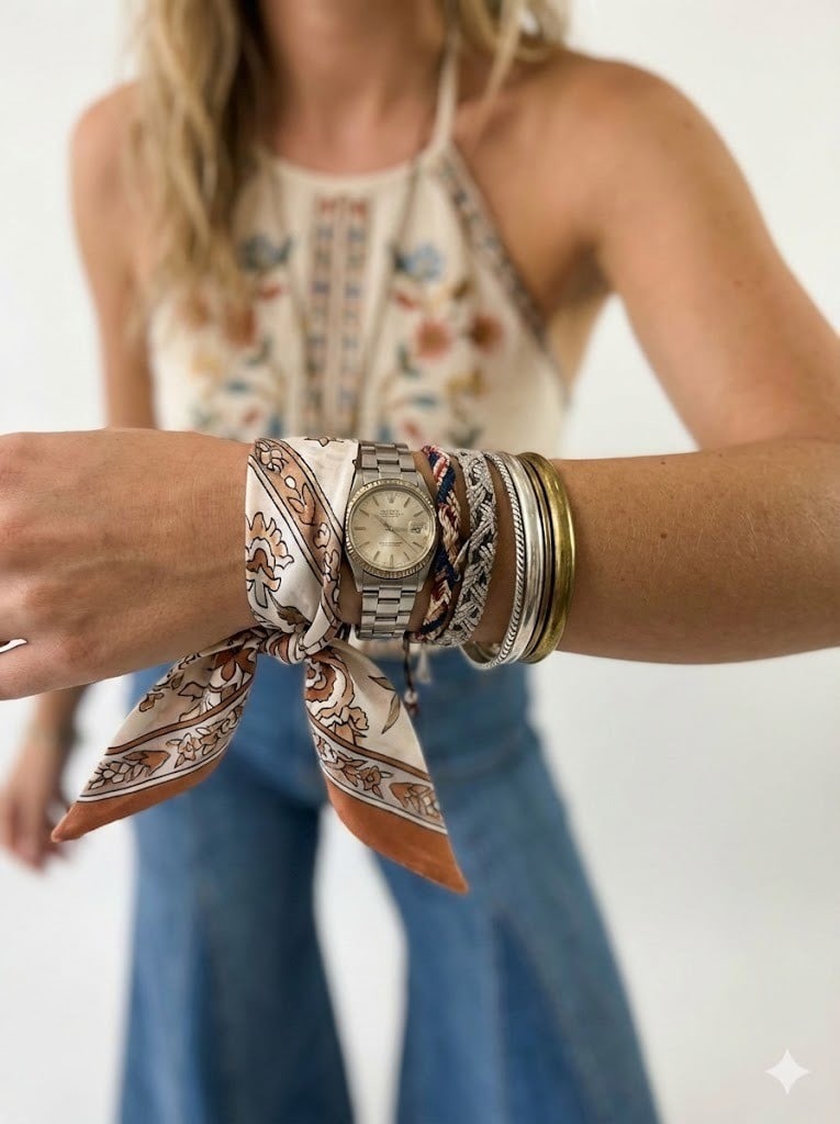 Áo yếm (Halter neck) + Quần ống loe + Khăn Twilly làm vòng tay Layer