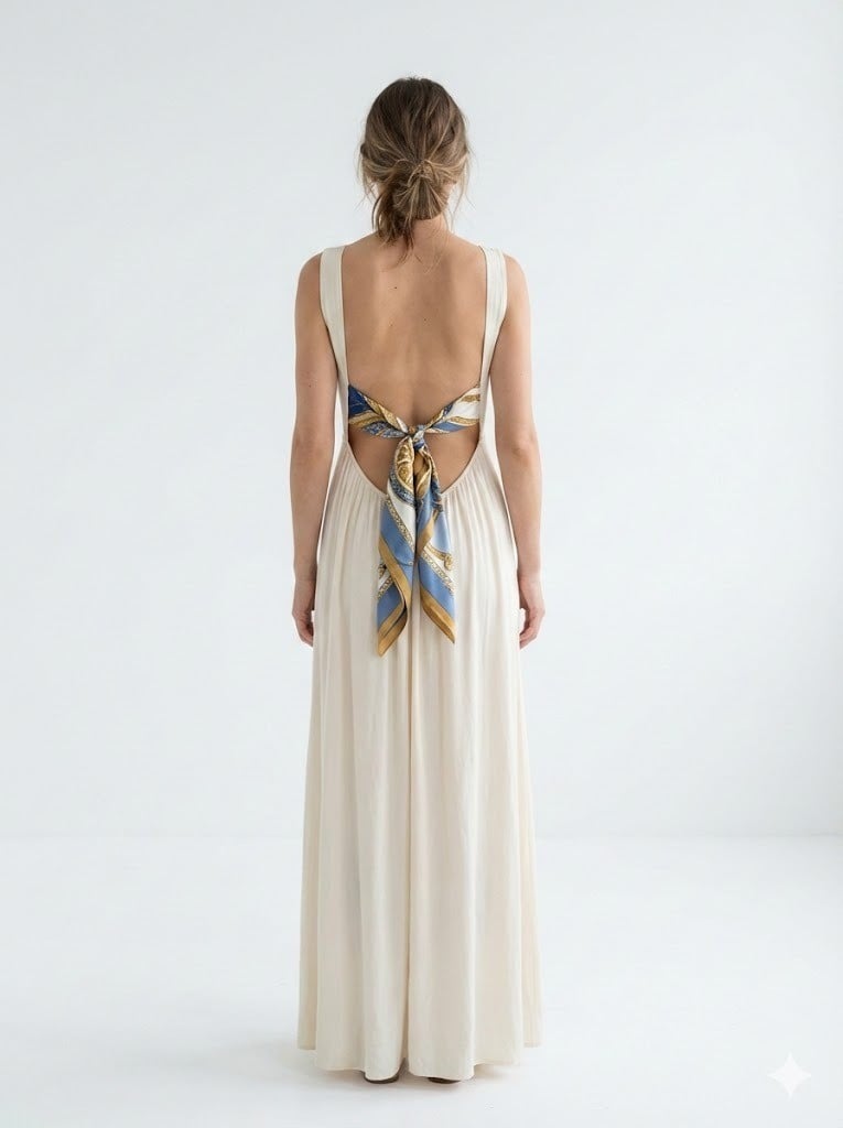 Váy Maxi hở lưng + Khăn Twilly buộc nút sau lưng