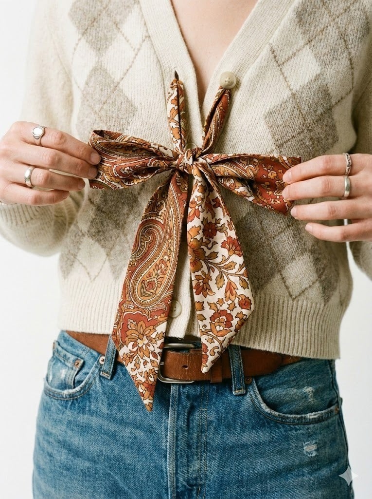 Áo Cardigan mỏng + Quần Jeans + Khăn Twilly thắt nơ thay cúc áo