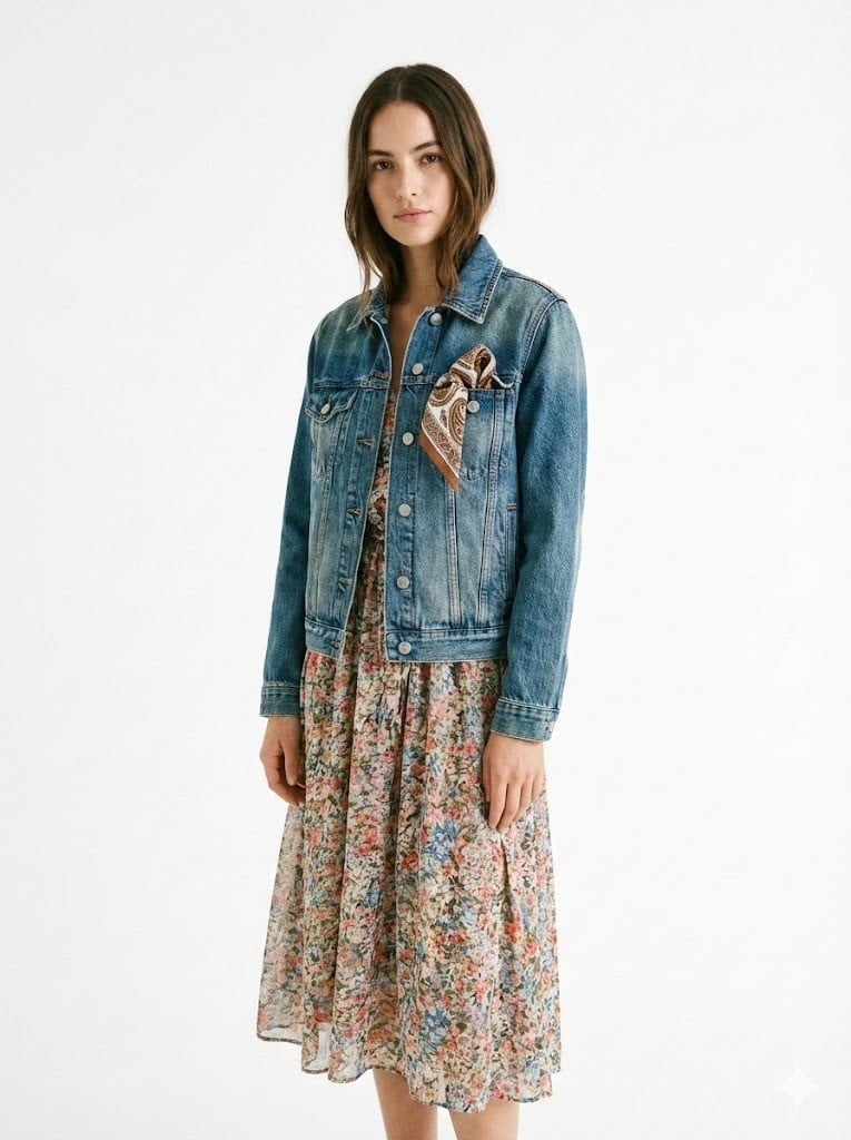 Áo khoác Denim (Jean Jacket) + Váy hoa + Khăn Twilly buộc túi áo ngực