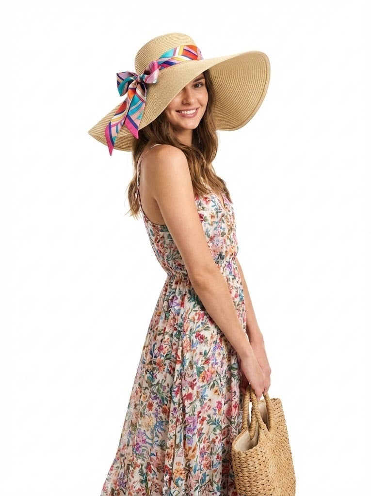 Mũ cói rộng vành + Váy Maxi + Khăn Twilly buộc quanh mũ