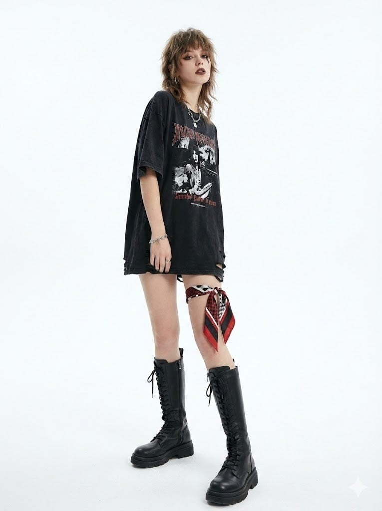 Áo sơ mi giấu quần + Boots cao cổ + Khăn Twilly buộc đùi