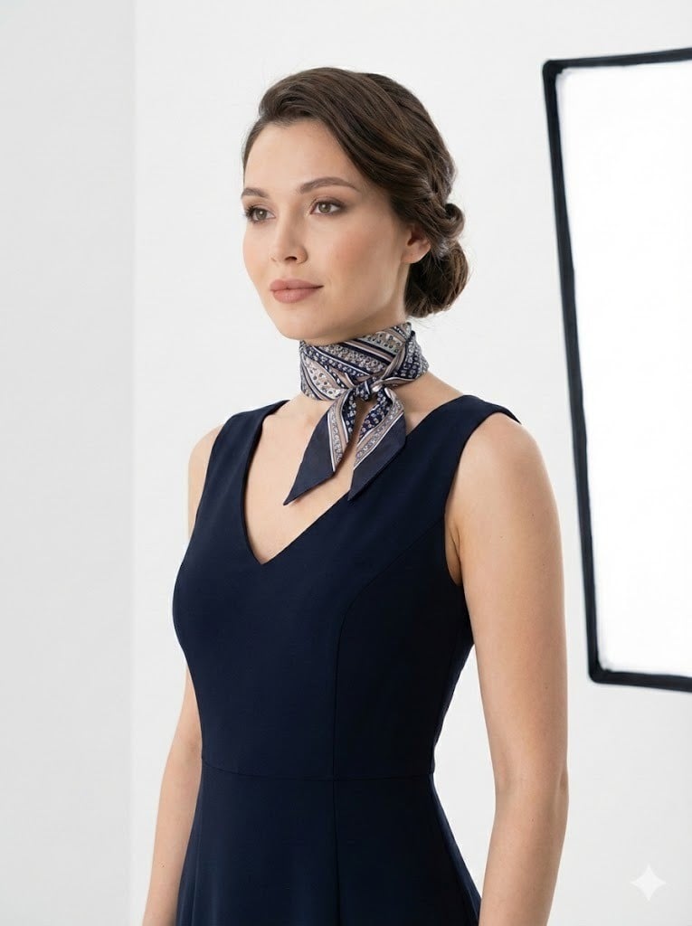 Váy đầm cổ V + Khăn Twilly thắt kiểu Choker sát cổ