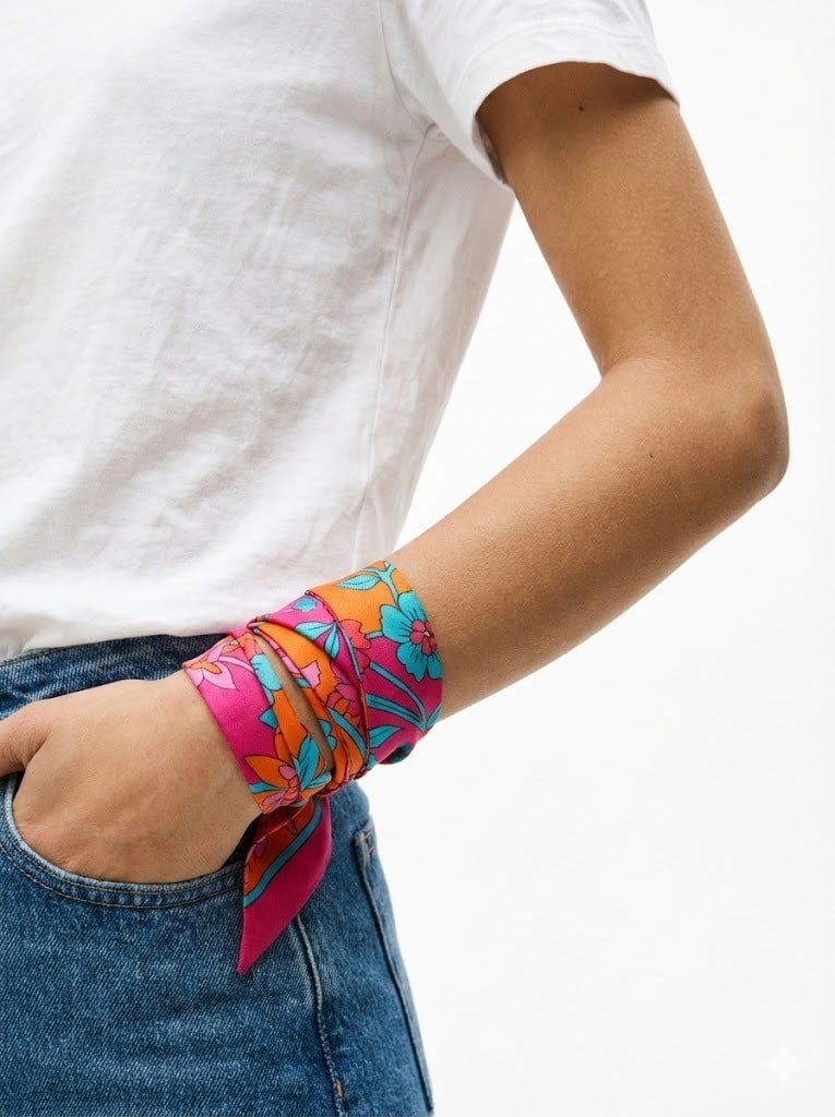 Áo phông Basic + Quần Jeans + Khăn Twilly buộc cổ tay