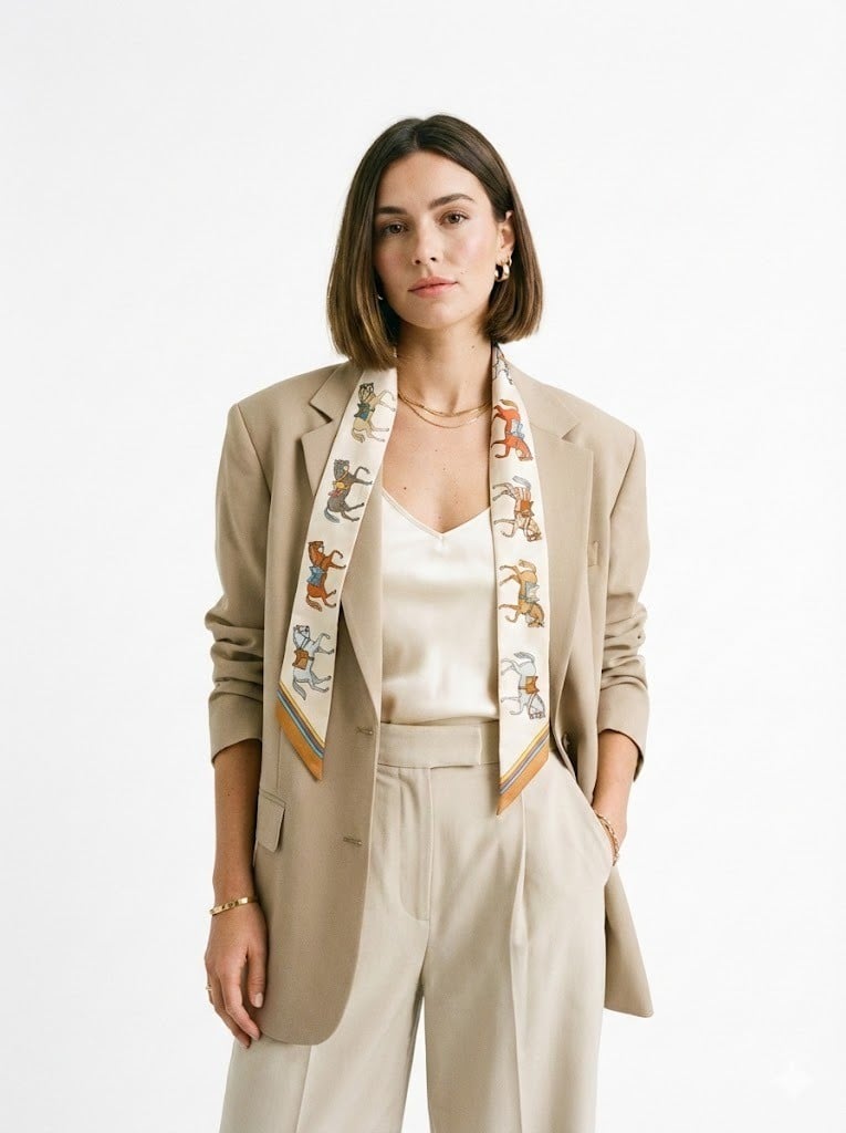 Áo blazer Oversize + Áo hai dây + Khăn Twilly buông lơi