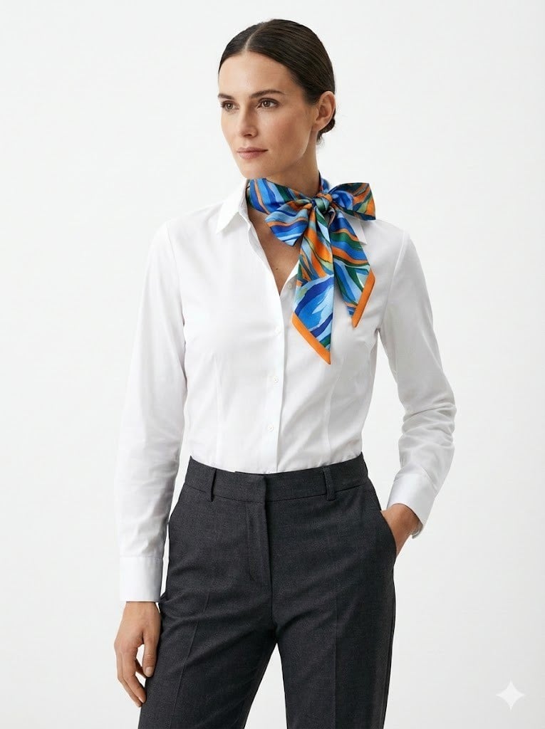 Áo sơ mi trắng + Quần âu + Khăn Twilly thắt nơ cổ lệch