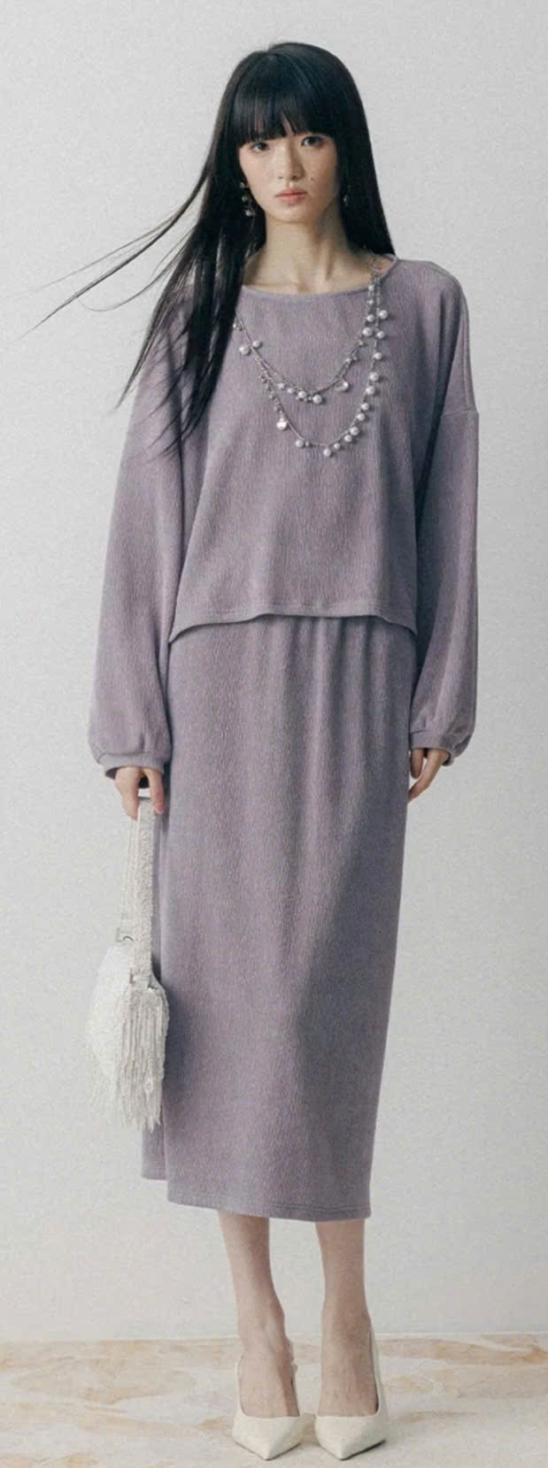 Áo len dài tay màu tím khói + Chân váy midi len màu tím khói đồng bộ