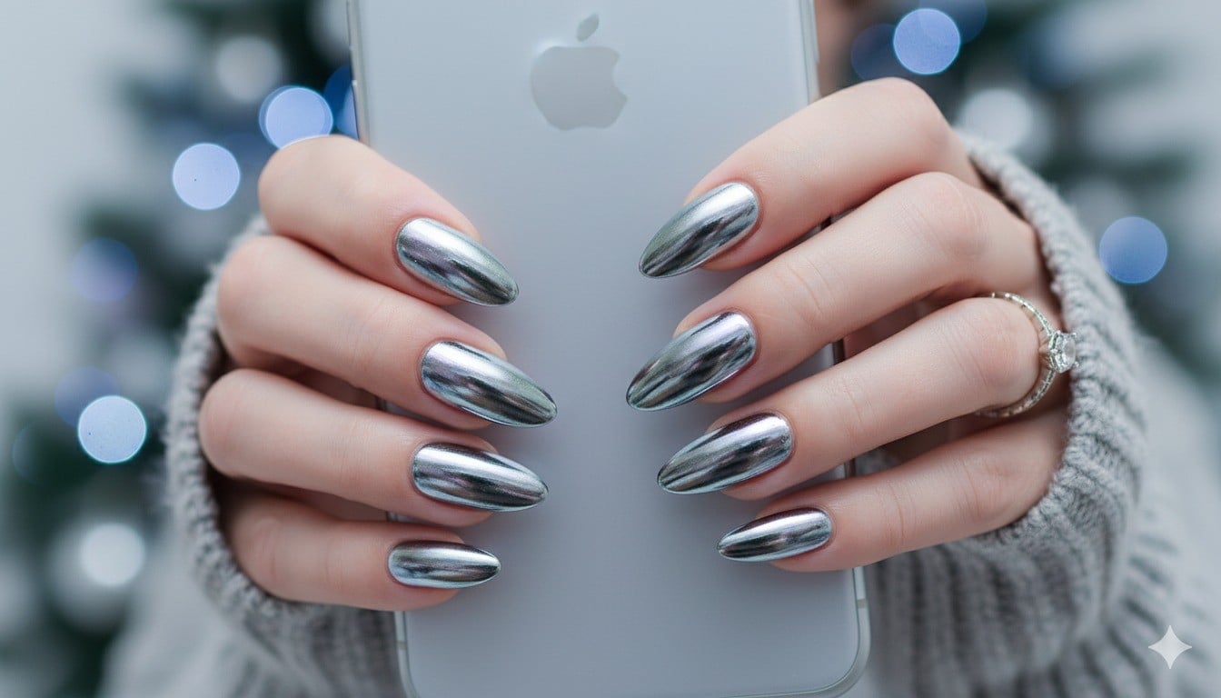 Nail tráng gương/Chrome Nails (tông lạnh) hiện đại