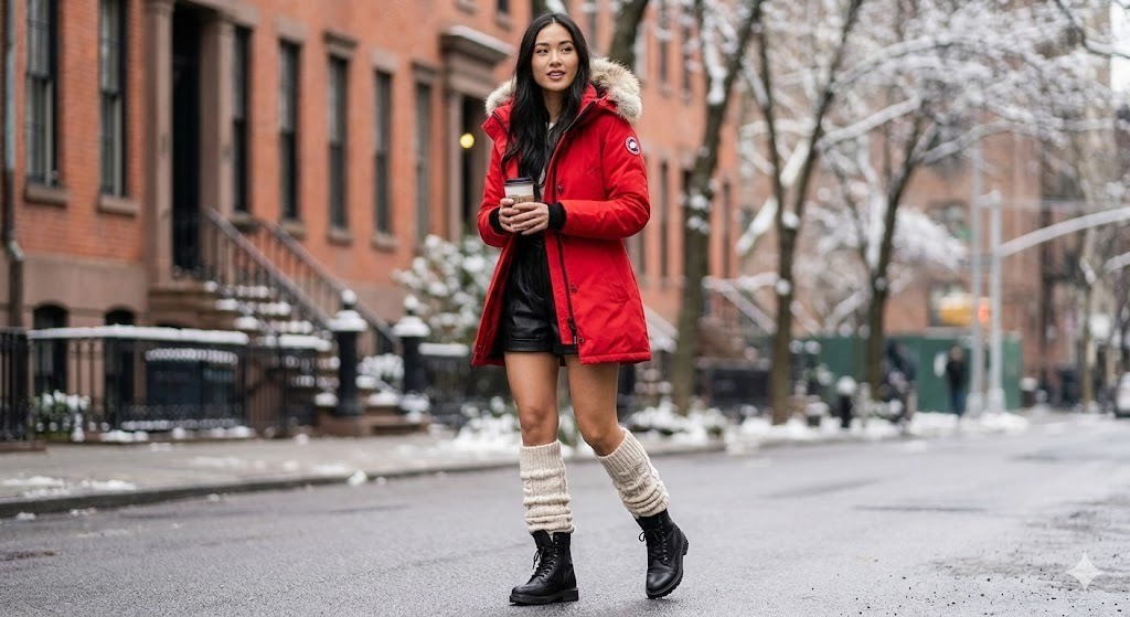 Phối cùng quần short da và tất ống chân