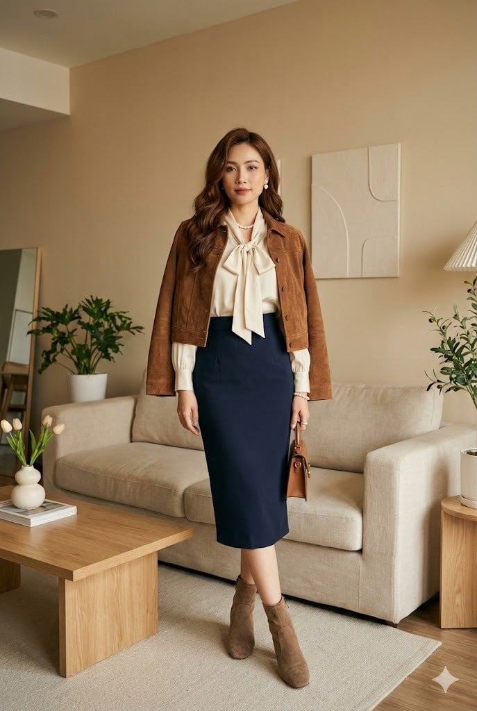 Thanh lịch công sở với áo sơ mi và chân váy