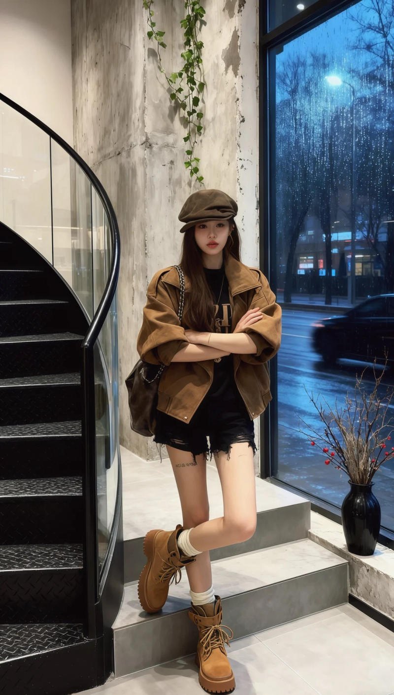 Áo khoác da lộn oversize mix áo phông đen và quần short (giấu quần)