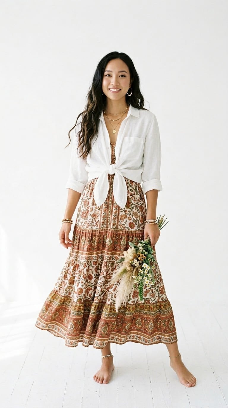 Mix áo sơ mi buộc vạt cùng váy maxi bohemian