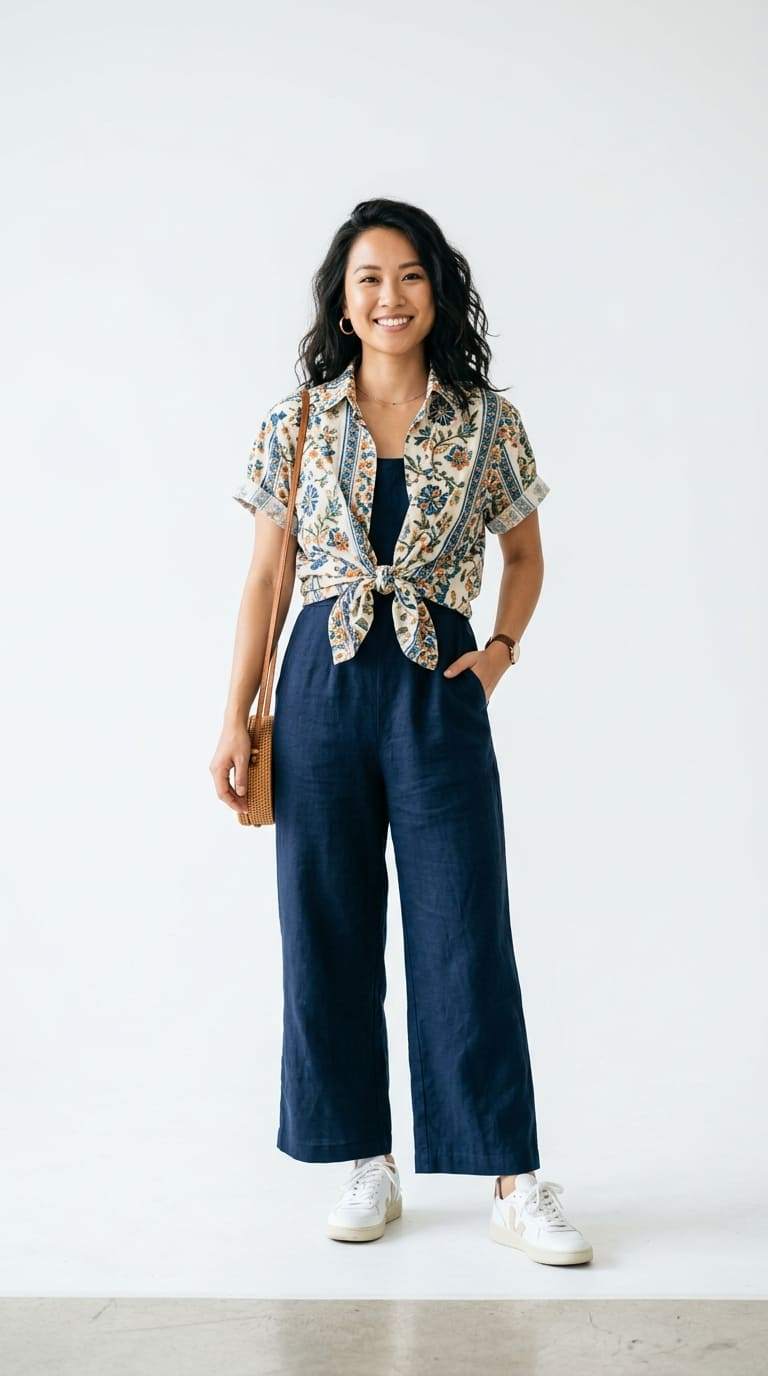 Sơ mi buộc vạt mặc ngoài jumpsuit (bộ đồ liền thân)