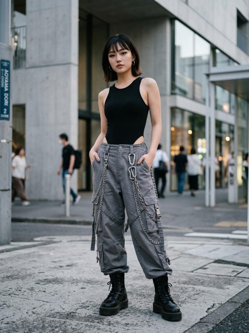 Bodysuit + Quần Cargo + Dây xích Metal