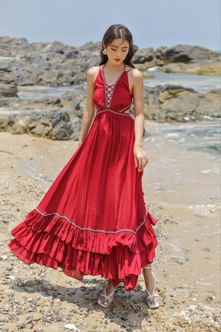 mẫu đầm maxi voan đi biển