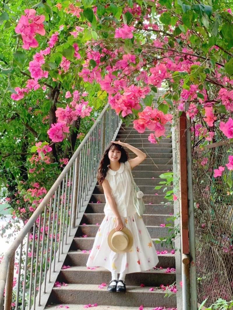 Dáng đứng dưới giàn hoa giấy lãng mạn