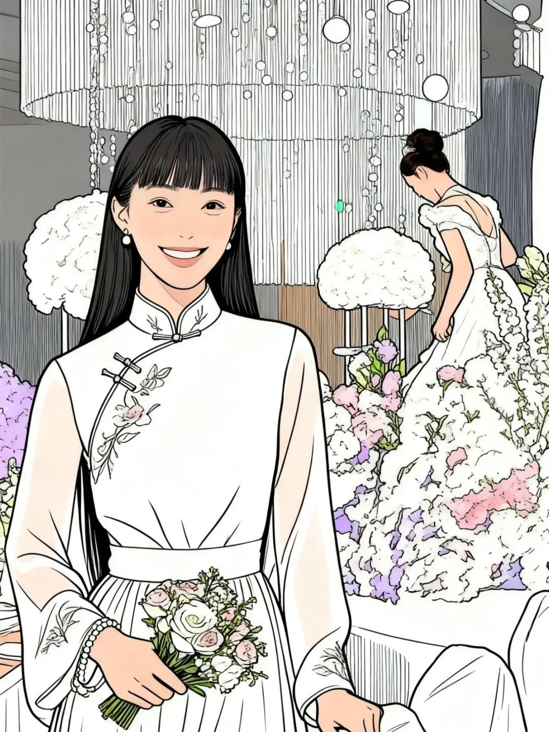 32. Tư thế chụp cùng hoa và phông nền cưới