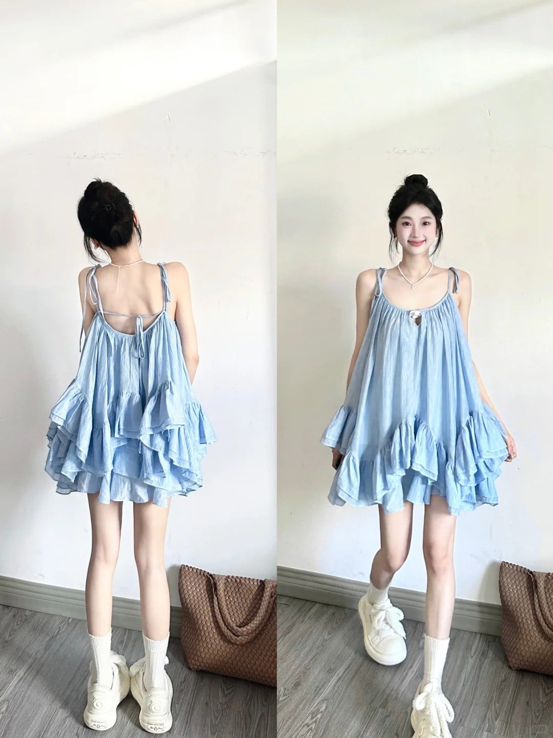 Váy Baby Doll Xanh Thiên Thanh Hở Lưng Xếp Tầng