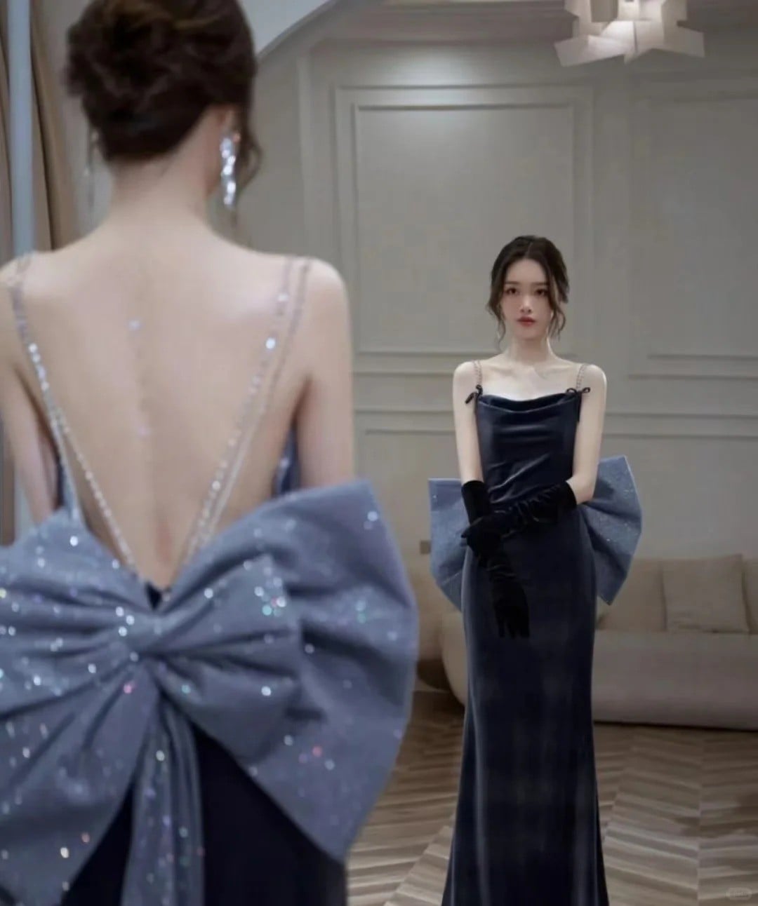 Dạ Tiệc Nhung Đen Huyền Bí Với Nơ Oversize