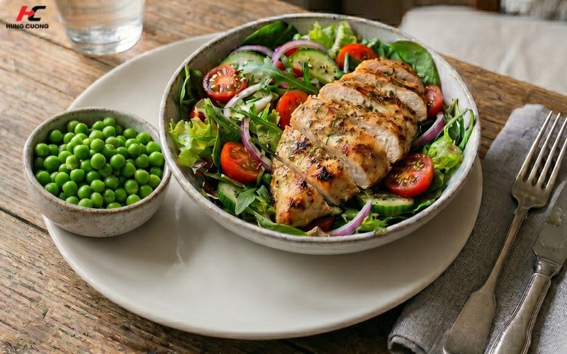 1 đĩa salad ức gà trộn dầu oliu, 200g đậu hà lan luộc chín tới