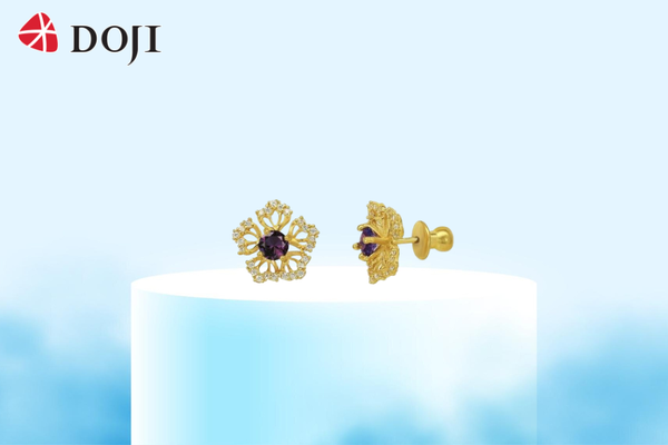 Mẫu hoa tai vàng 24K DOJI BLE0004030A1AM1 sở hữu viên đá Amethyst tím bí ẩn, cuốn hút