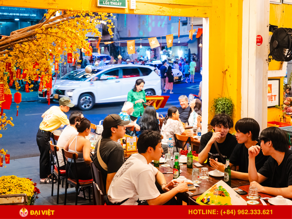 The restaurant's interior is decorated in a festive style