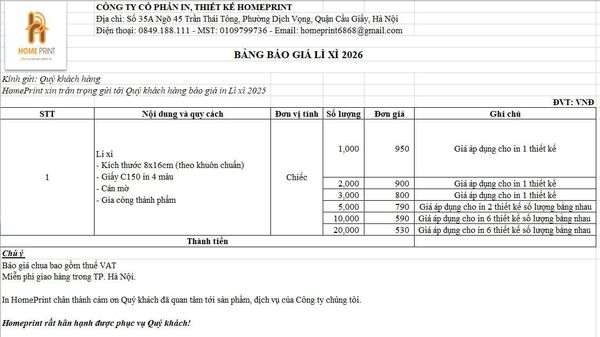 Báo giá in Lì xì HomePrint