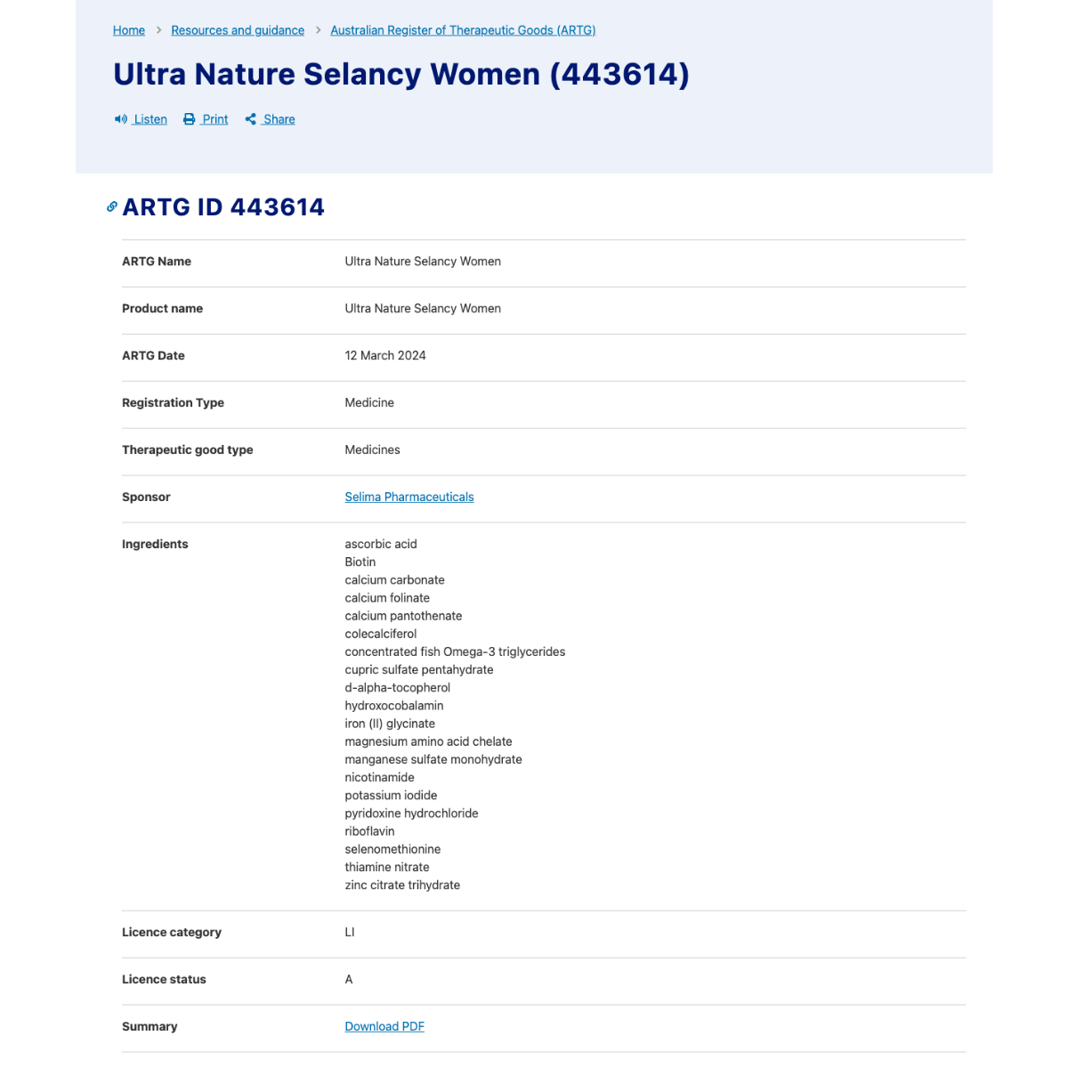 nhathuocvietnhat.vn-bảng công bố TGA cho Selancy women