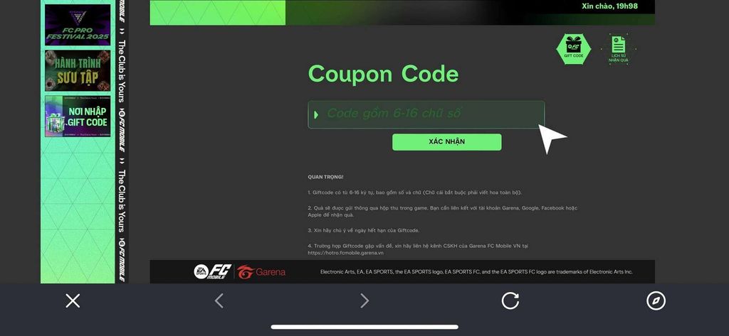 Cách nhập code game FC Mobile Việt Nam - GEARVN