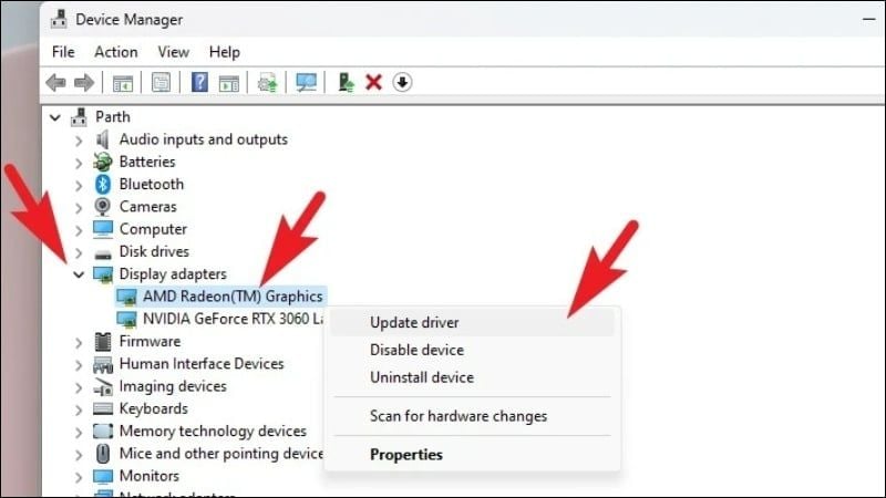 Chọn Update driver để cập nhật phiên bản mới nhất