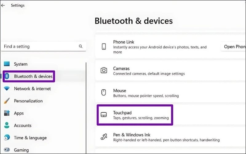 Chọn Bluetooth & devices > Touchpad