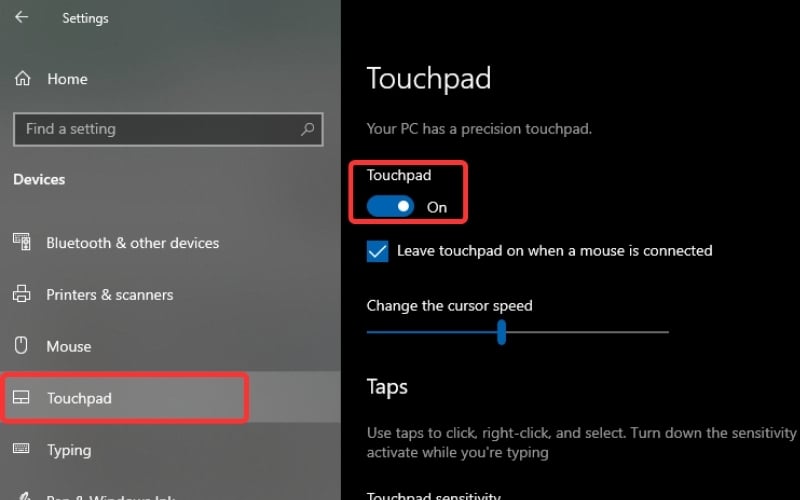 Gạt thanh trượt ở mục Touchpad để thay đổi trạng thái