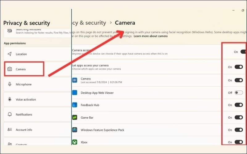 Gạt công tắc Camera access sang On