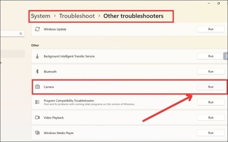 Chọn Run tại mục Camera
