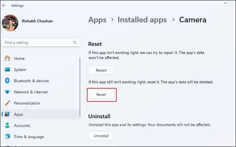 Chọn Reset để thiết lập camera về mặc định