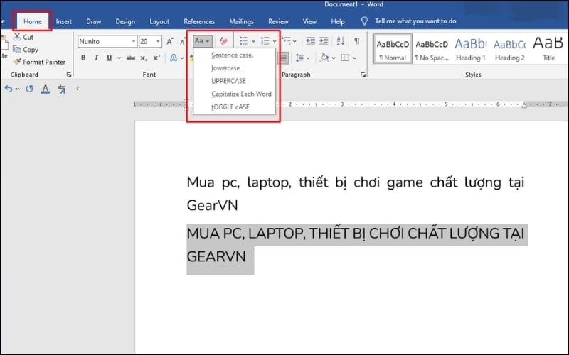 Dùng tính năng Change Case trên thanh công cụ