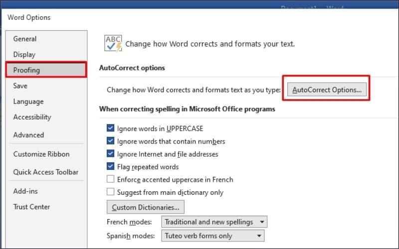 Nhấn vào nút AutoCorrect Options...