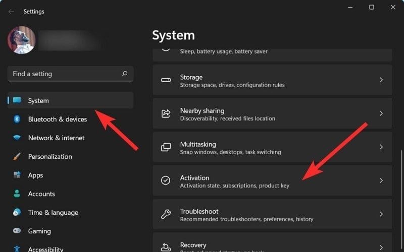 Chọn dòng Activation bên trong mục System
