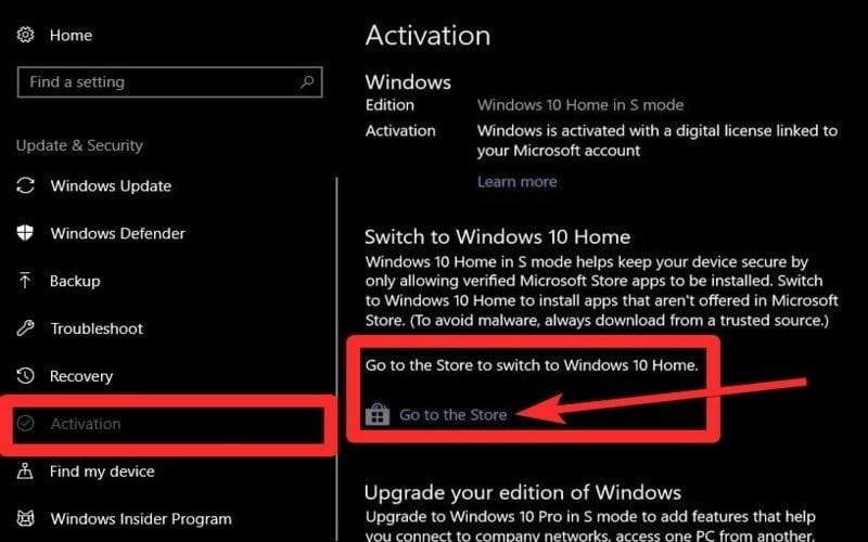 Chọn Go to Store để mở ra trang Switch out of S mode rồi chọn Get
