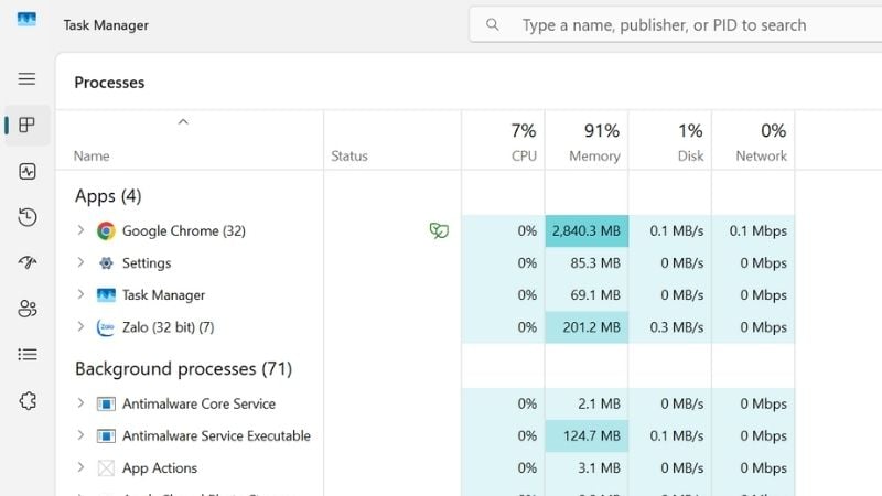 Sử dụng Task Manager để theo dõi hiệu năng và tốc độ thực tế