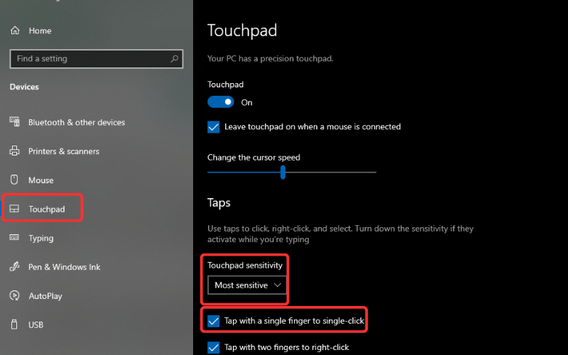 Bật Tap to click trong Windows Settings