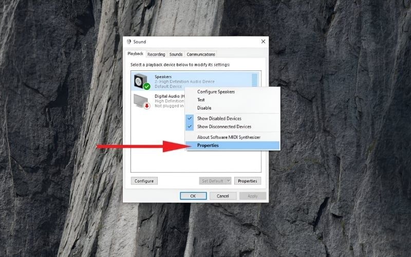 Tại tab Playback, chuột phải vào thiết bị loa và chọn Properties