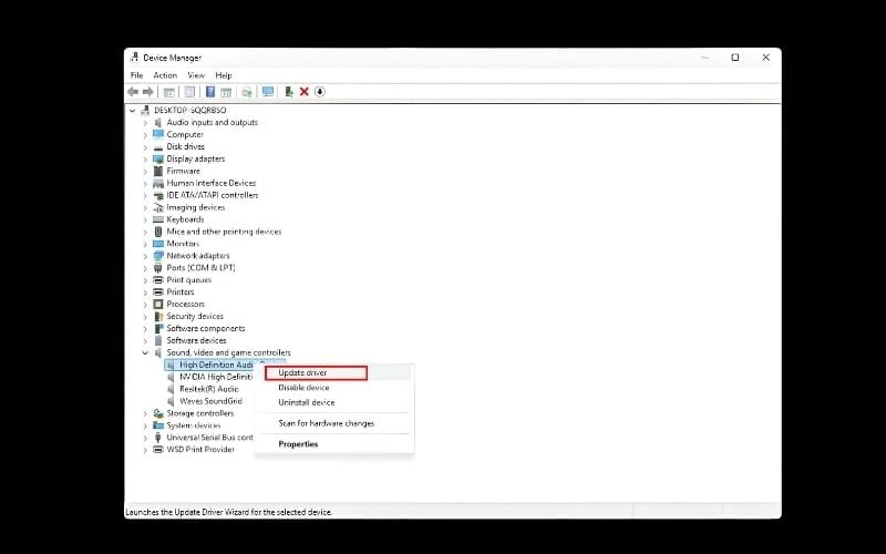 Nhấp chuột phải vào driver âm thanh và chọn Update driver