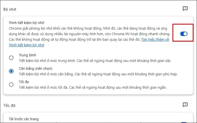 Bật tính năng Trình tiết kiệm bộ nhớ để tối ưu hiệu suất