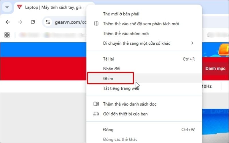 Nhấn chuột phải vào tab và chọn Ghim để tab chỉ còn biểu tượng đại diện