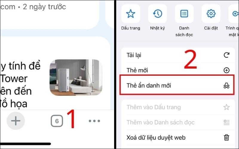 Nhấn vào biểu tượng ba chấm và chọn Thẻ ẩn danh mới