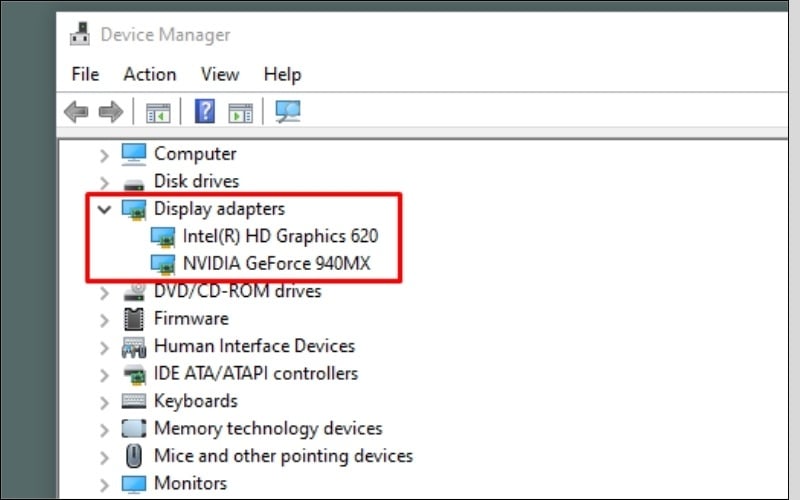 Kiểm tra danh sách hiển thị cả card đồ họa tích hợp và card NVIDIA