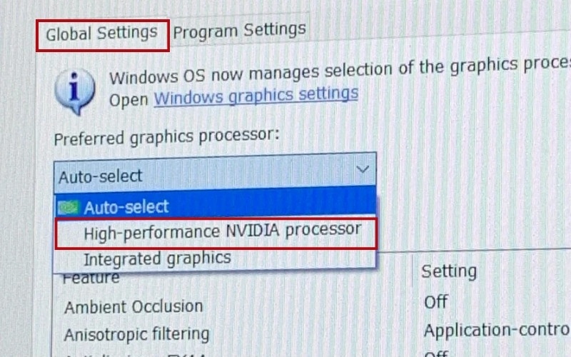 Nhấp vào menu thả xuống và chọn High-performance NVIDIA processor