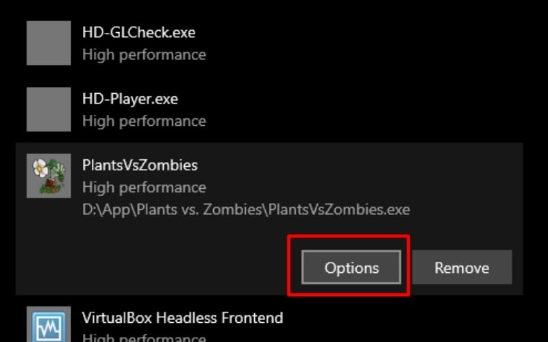 Nhấn vào ứng dụng và chọn Options